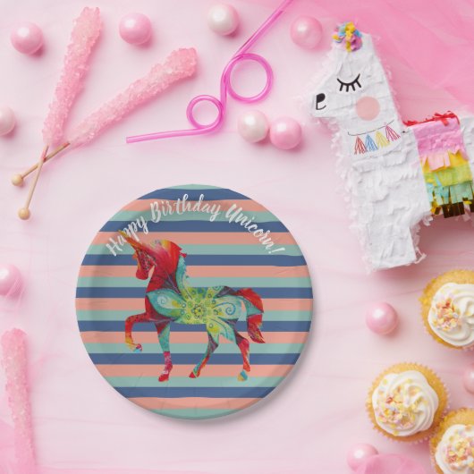 Assiettes En Carton Unicorne et rayures Plaques papier d'anniversaire (Fête)