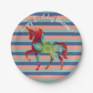 Assiettes En Carton Unicorne et rayures Plaques papier d'anniversaire