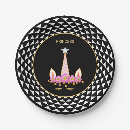 Assiettes En Carton Unicorne, fleurs, confetti d'or sur noir & blanc (Devant)