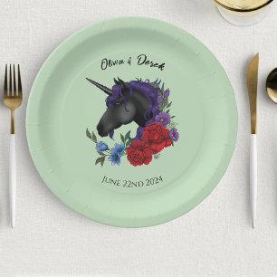 Assiettes En Carton Unicorne noire violet Fleurs de Sage Rouge