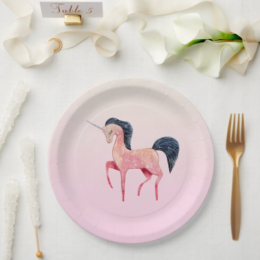 Assiettes En Carton Unicorne nordique rose avec Mane noir (Mariage)
