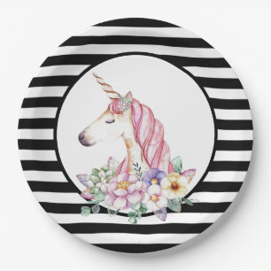 Assiettes En Carton Unicorne rayures et fleurs