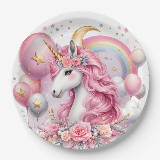 Assiettes En Carton Unicorne rose (Devant)