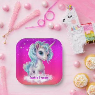 Assiettes En Carton Unicorne sur le nuage avec un ciel rose vif solide