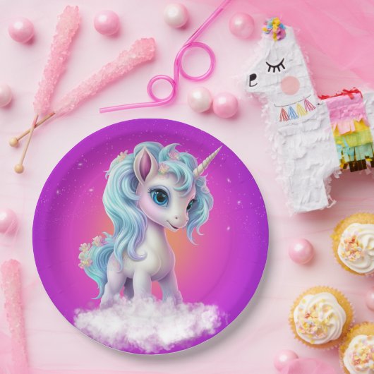 Assiettes En Carton Unicorne sur nuage avec ciel rose vif (Fête)