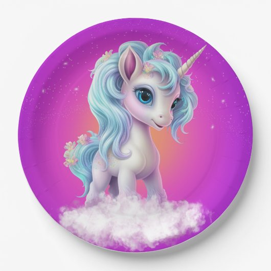 Assiettes En Carton Unicorne sur nuage avec ciel rose vif (Devant)