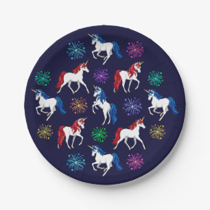 Assiettes En Carton Unicornes Bleues Blancs Patriotique Américain