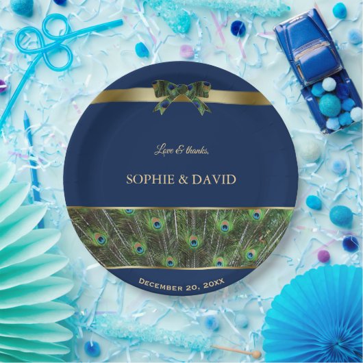 Assiettes En Carton Unique Marine Blue Gold Peacock Feaths Mariage (Fête)
