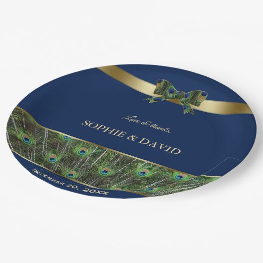 Assiettes En Carton Unique Marine Blue Gold Peacock Feaths Mariage (Angle)