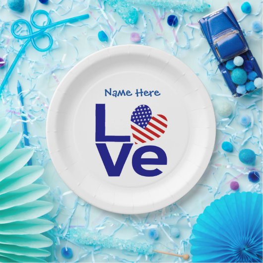Assiettes En Carton USA Love Drapeau en bleu Parti Personnalisé (Fête)