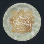 Assiettes En Carton Vacances de verdure tropicale<br><div class="desc">Happy Holidays in chic lettering white sur une tache de fausse feuille d'or sur un arrière - plan de Noël feuille vert sauge pâle, ces plaques de papier sont également personnalisées avec votre nom. Idéal pour votre maison ou cadeau comme cadeaux. MÊME serviettes et PLUS de conceptions dans notre magasin....</div>