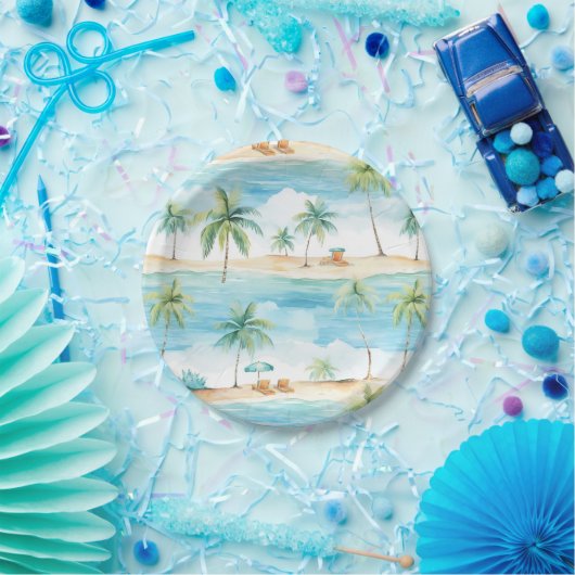 Assiettes En Carton Vacances d'été Plage Palm Trees - (Fête)