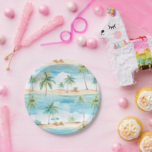 Assiettes En Carton Vacances d'été Plage Palm Trees - (Fête)
