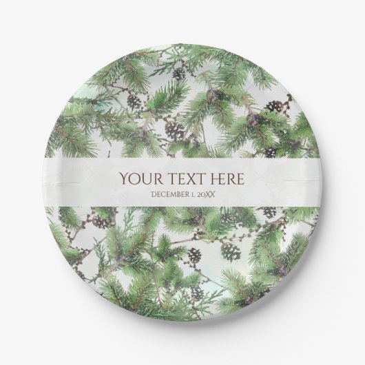Assiettes En Carton Vacances Green & Pine Cônes Pays Mariage d'hiver (Devant)