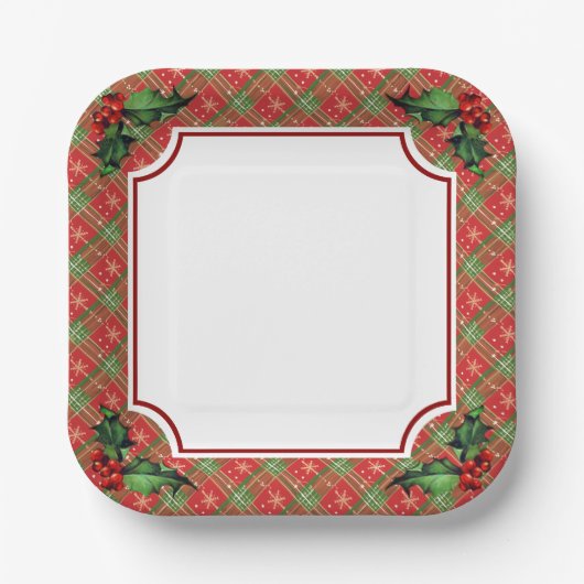 Assiettes En Carton Vacances Red Plaid avec Holly (Recto)