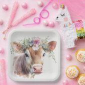 Assiettes En Carton Vache avec tête florale (Fête)