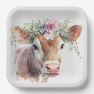Assiettes En Carton Vache avec tête florale