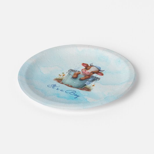 Assiettes En Carton Vache bébé mignonne dans le Baby shower bleu seau (Angle)