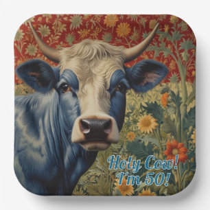 Assiettes En Carton Vache bleu rétro dans le jardin de tournesol