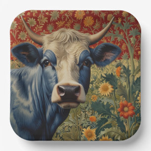 Assiettes En Carton Vache bleu rétro dans le jardin de tournesol