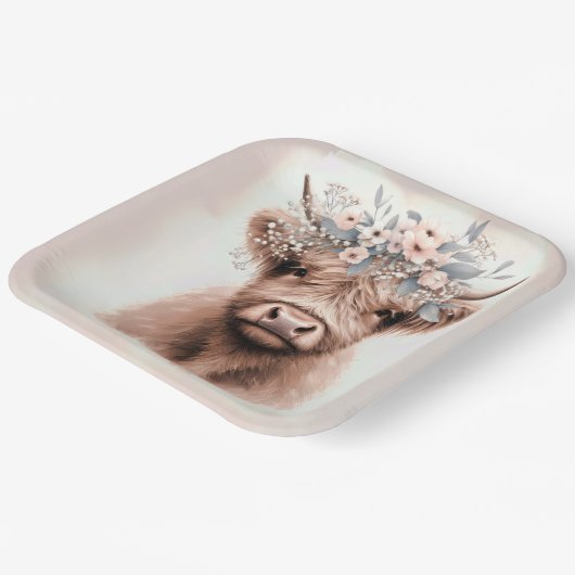 Assiettes En Carton Vache Boho Highland avec couronne florale nuptiale (Angulaire)