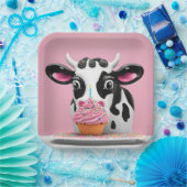 Assiettes En Carton Vache D'Anniversaire Avec Cupcake Sur Rose (Fête)