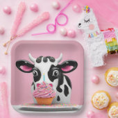 Assiettes En Carton Vache D'Anniversaire Avec Cupcake Sur Rose (Fête)