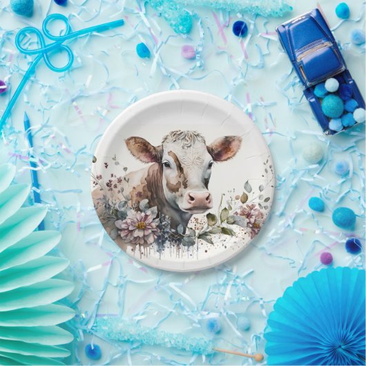 Assiettes En Carton Vache d'aquarelle en Fleur sauvage (Fête)