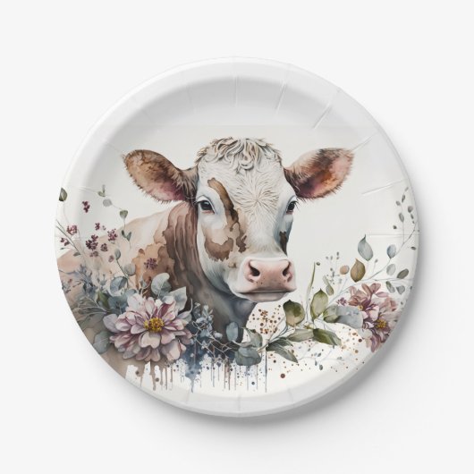 Assiettes En Carton Vache d'aquarelle en Fleur sauvage (Devant)