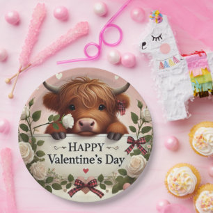 Assiettes En Carton Vache de Highland Valentine avec des roses blanche