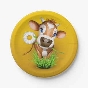 Assiettes En Carton Vache de Jersey dans l'herbe sur le jaune