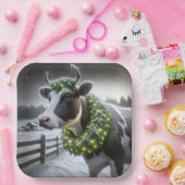 Assiettes En Carton Vache de Noël Holstein avec une couronne brillante (Fête)