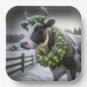 Assiettes En Carton Vache de Noël Holstein avec une couronne brillante