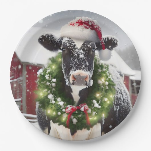 Assiettes En Carton Vache de Noël portant une couronne (Devant)