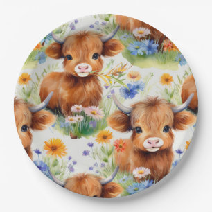 Assiettes En Carton Vache des Highlands en fleurs sauvages