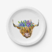Assiettes En Carton Vache écossaise avec fleurs Aquarelle (Devant)