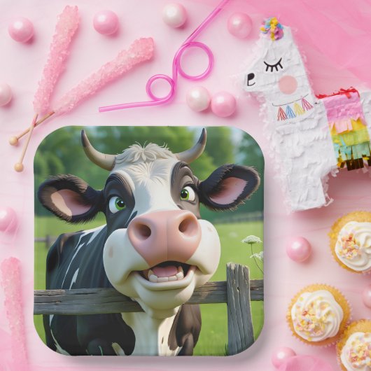 Assiettes En Carton Vache en dessin au-dessus d'une clôture (Fête)