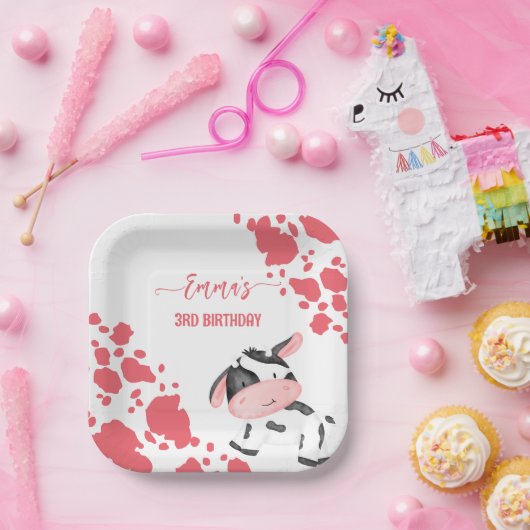 Assiettes En Carton Vache fête table rose vache motif personnalisé (Fête)