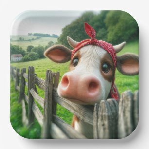 Assiettes En Carton Vache Heifer portant un Kerchief rouge