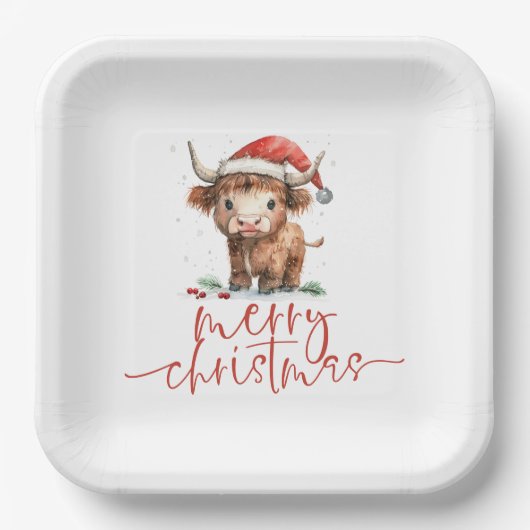Assiettes En Carton Vache Highland à Santa Hat Joyeux Noël (Recto)