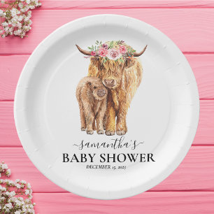 Assiettes En Carton Vache Highland Baby shower d'aquarelle