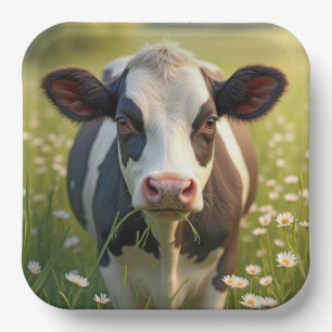 Assiettes En Carton Vache Holstein En Pâturage Vert Avec Marguerites