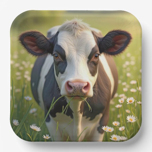 Assiettes En Carton Vache Holstein En Pâturage Vert Avec Marguerites (Recto)