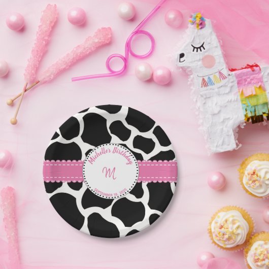 Assiettes En Carton Vache Imprimé rose noir Plaque papier d'anniversai (Fête)