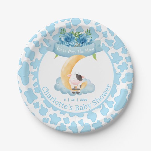 Assiettes En Carton Vache mignonne au-dessus du Baby shower bleu lune (Devant)