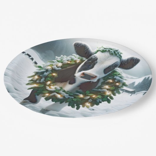 Assiettes En Carton Vache portant une couronne de Noël (Angle)