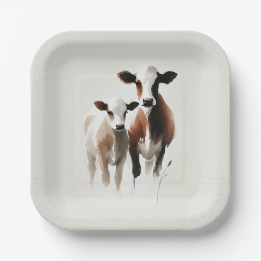 Assiettes En Carton Vaches aquarelle Mariage rustique minimal (Recto)