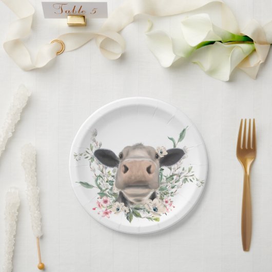 Assiettes En Carton vaches nez baiser fleurs aquarelle gris animal de (Mariage)