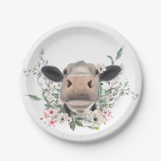 Assiettes En Carton vaches nez baiser fleurs aquarelle gris animal de (Devant)