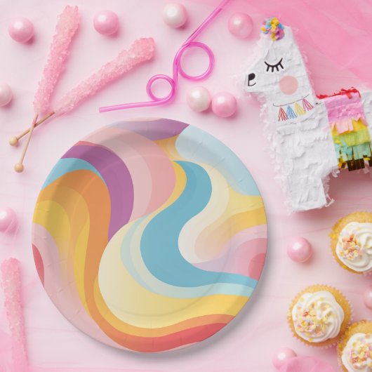 Assiettes En Carton Vague arc-en-ciel Abstraite rétro (Fête)